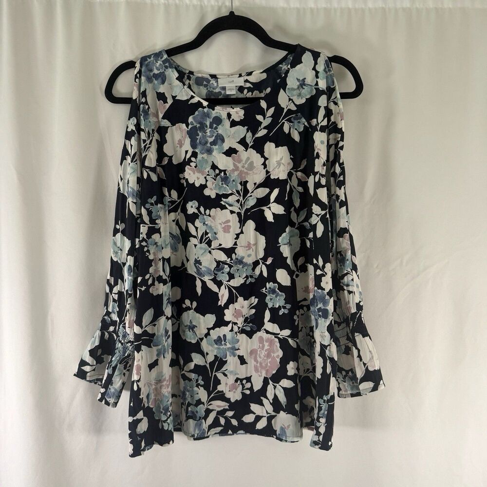 J Jill Blouse Women's Medium Black White Floral Open Shouler Long Sleeve Light